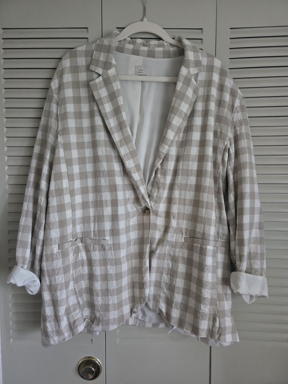 a new day Beige and White Checked Linen-Blend Blazer